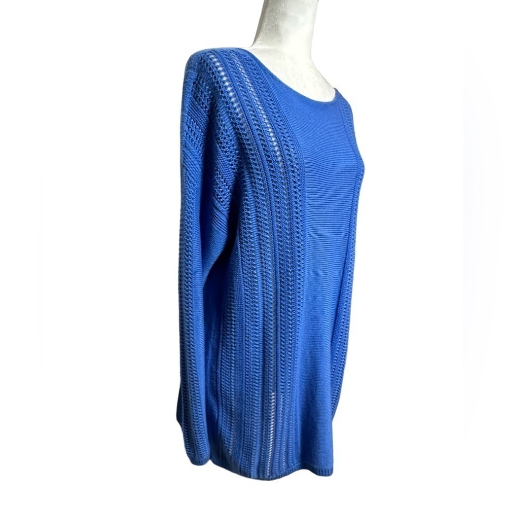 Lafayette 148 New York Blue Wide Boat Neck Crochet Mesh Knit Pullover‎ Sweater L - Picture 2 of 8